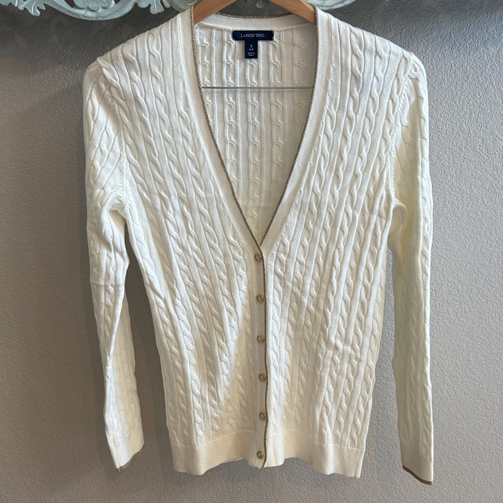 Lands' End Women's Cream Cable Knit Cardigan
